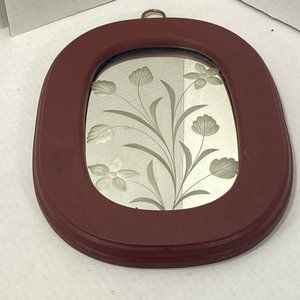 Small oval purple/maroon frame & floral decor Antique Etched Glass Mirror